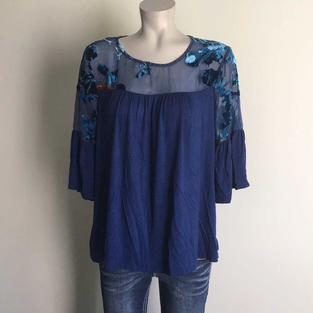 New Directions Navy Shirt with sheer insert